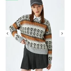 [Primark] Gray Chunky Knit Nordic Fair Isle Crew Neck Oversized Sweater Size XL